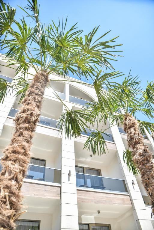 Hotel Prova in Ulcinj seen from below through palm trees