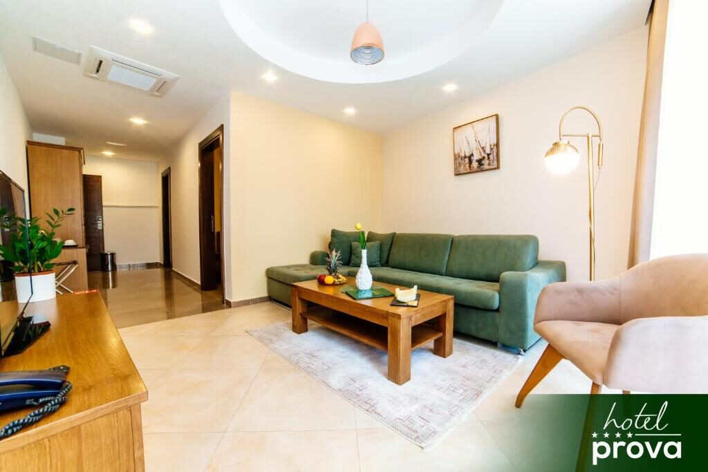 Family suite living room with sofa and coffee table